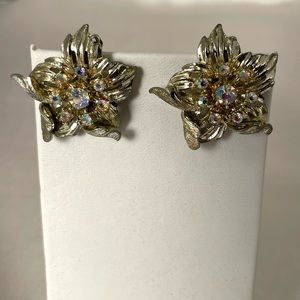Signed Ciro mid century 1950’s “flower” ear clips Aurora Borealis crystals.